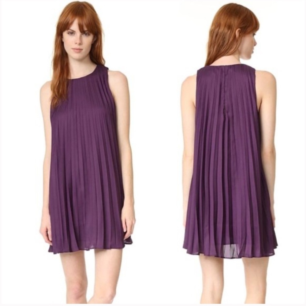 BB Dakota Edisto Pleated Shift Dress in Black Orchard (eggplant purple color)